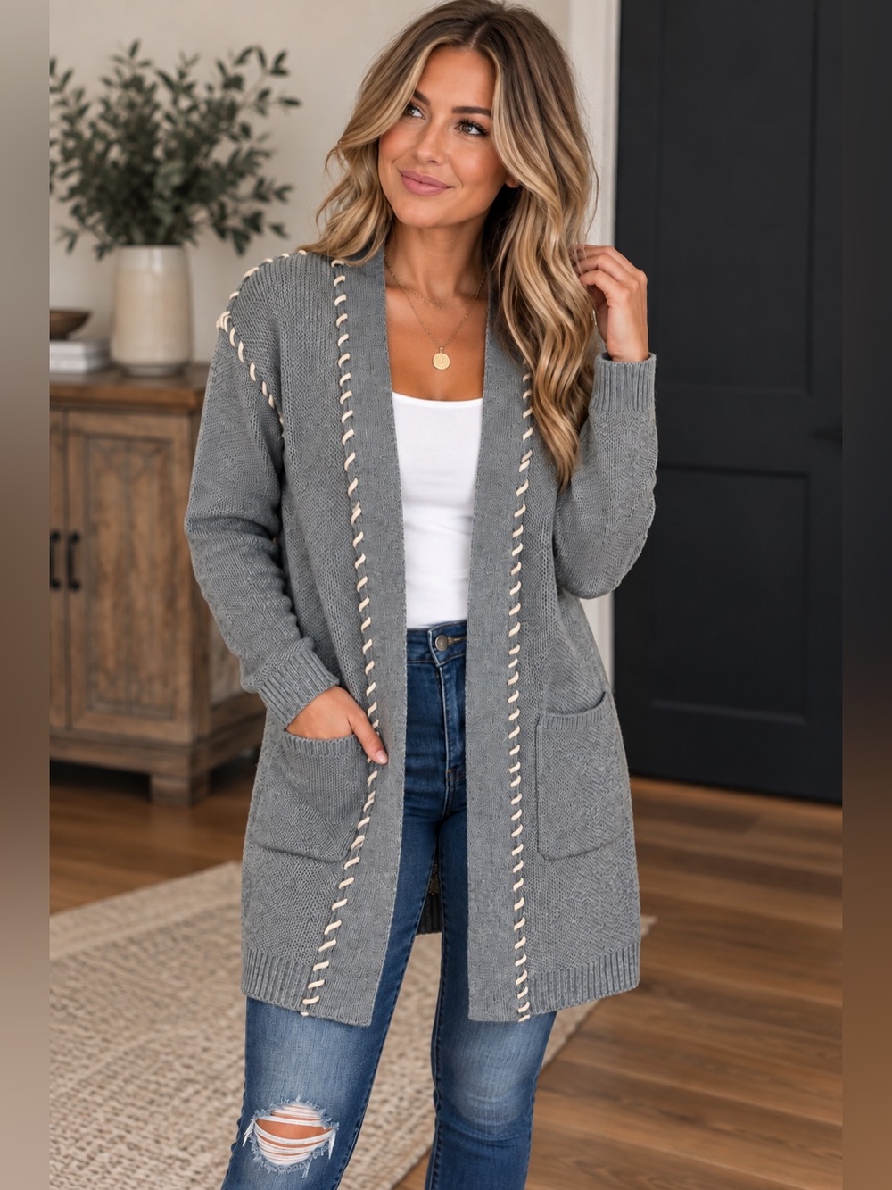 Time and Tru Gray Open-Front Cardigan with Whipstitch Trim